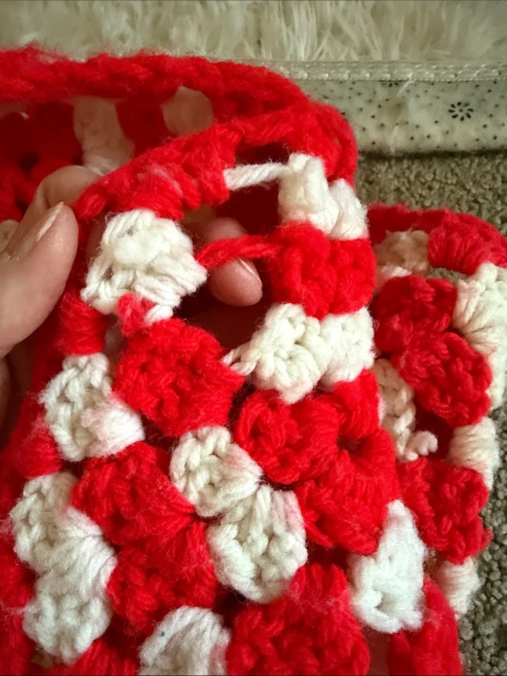 Hand Crafted Red and White‎ Granny Square Crochet Throw Blanket